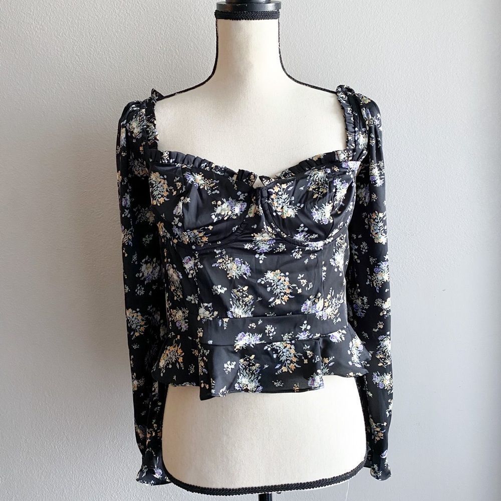 Astr floral satin bustier long sleeve top